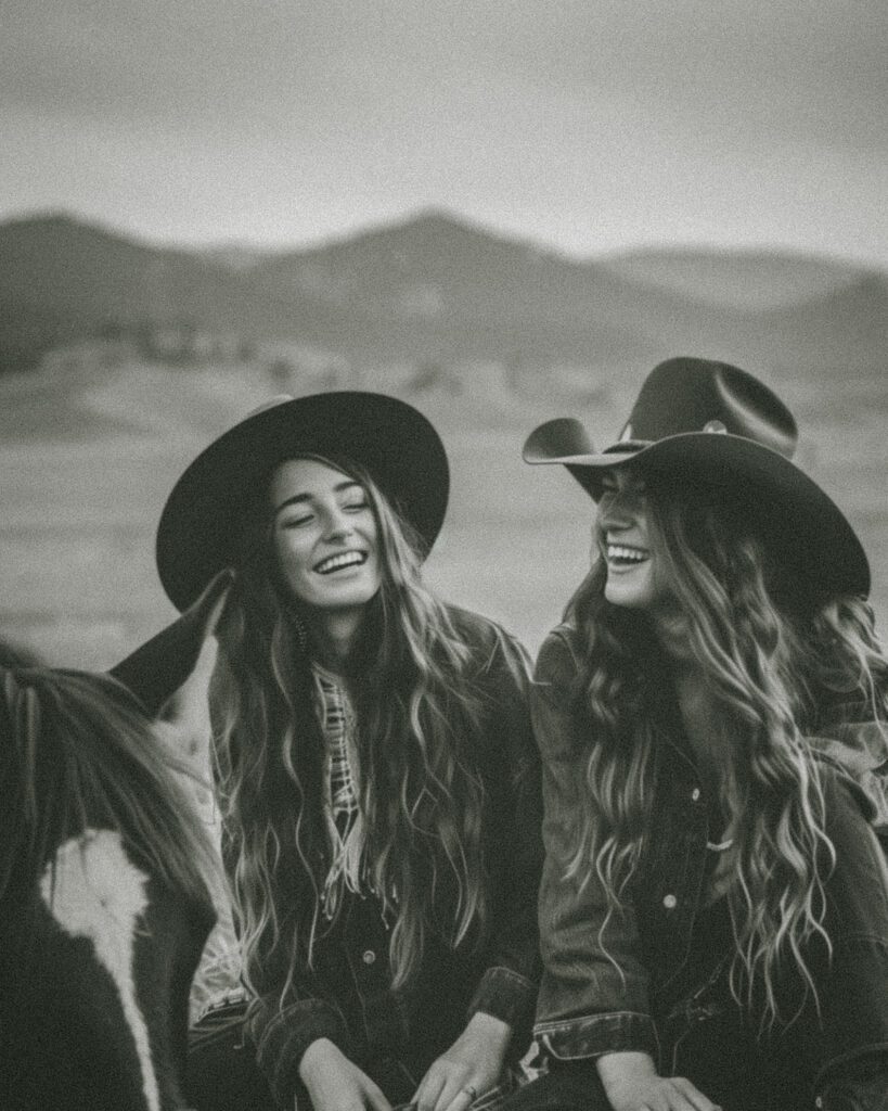 A black and white photo shows two model cowgirls sitting on the ground, smiling with their horse nearby. They have long hair and cowboy hats. The scene is set in an open field near mountains. The photo has a grainy, film noir style that evokes the work of early photographers. --chaos 10 --ar 4:5 --style raw --stylize 0 Job ID: a8b71b68-de32-42e4-ac0f-e5f6d969a798