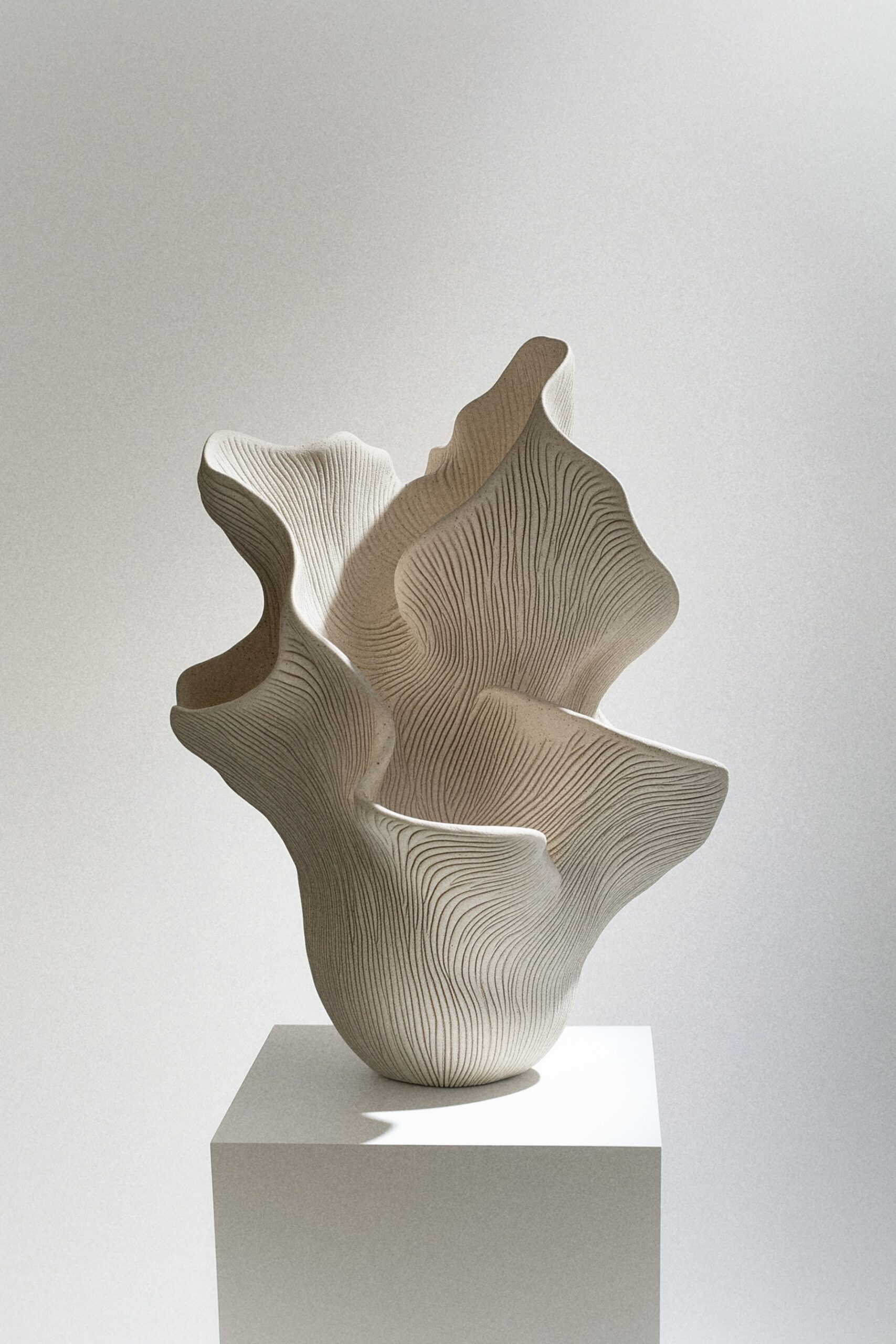Abstract ceramic sculpture on a white pedestal